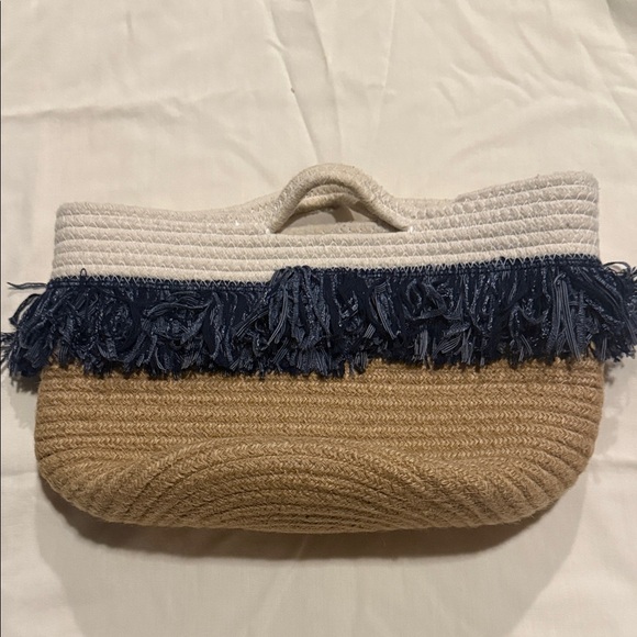 Handbags - Elegant Cream and Blue Fringe Tote Bag